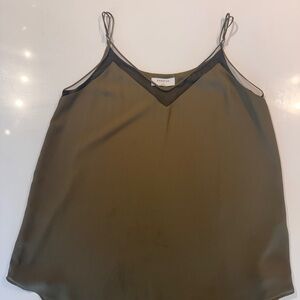 Babaton Olive Green V-Neck Silk-Blend Cami with Black Sheer Trim